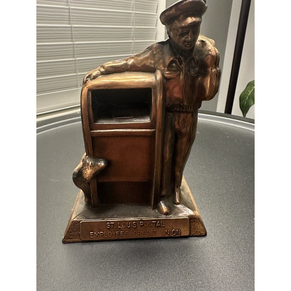 Bronze Copper Tone Metal Delivering Mail Mailman Mailbag Dog USPS Bank Key & Lid